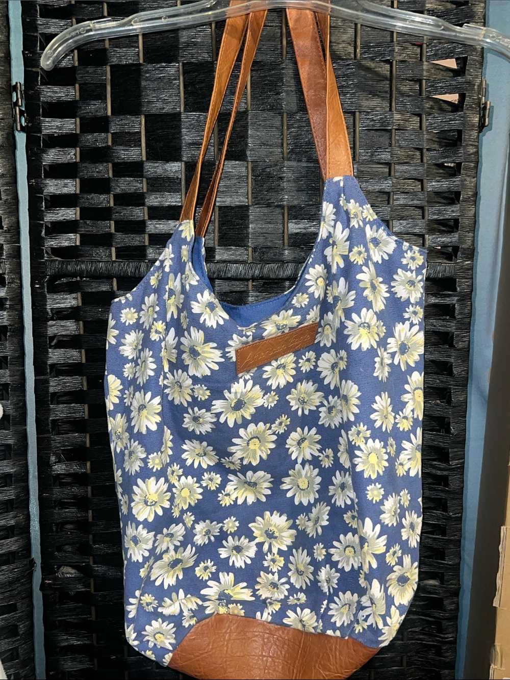 American Eagle floral tote bag caramel faux leather accent